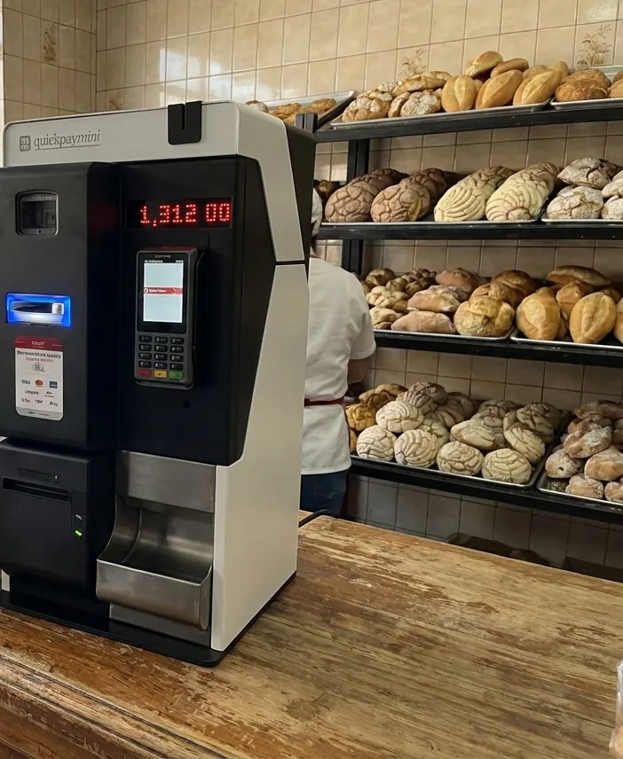 Quickpaymini en el mostrador de una panadería, con los anaqueles de pan atrás