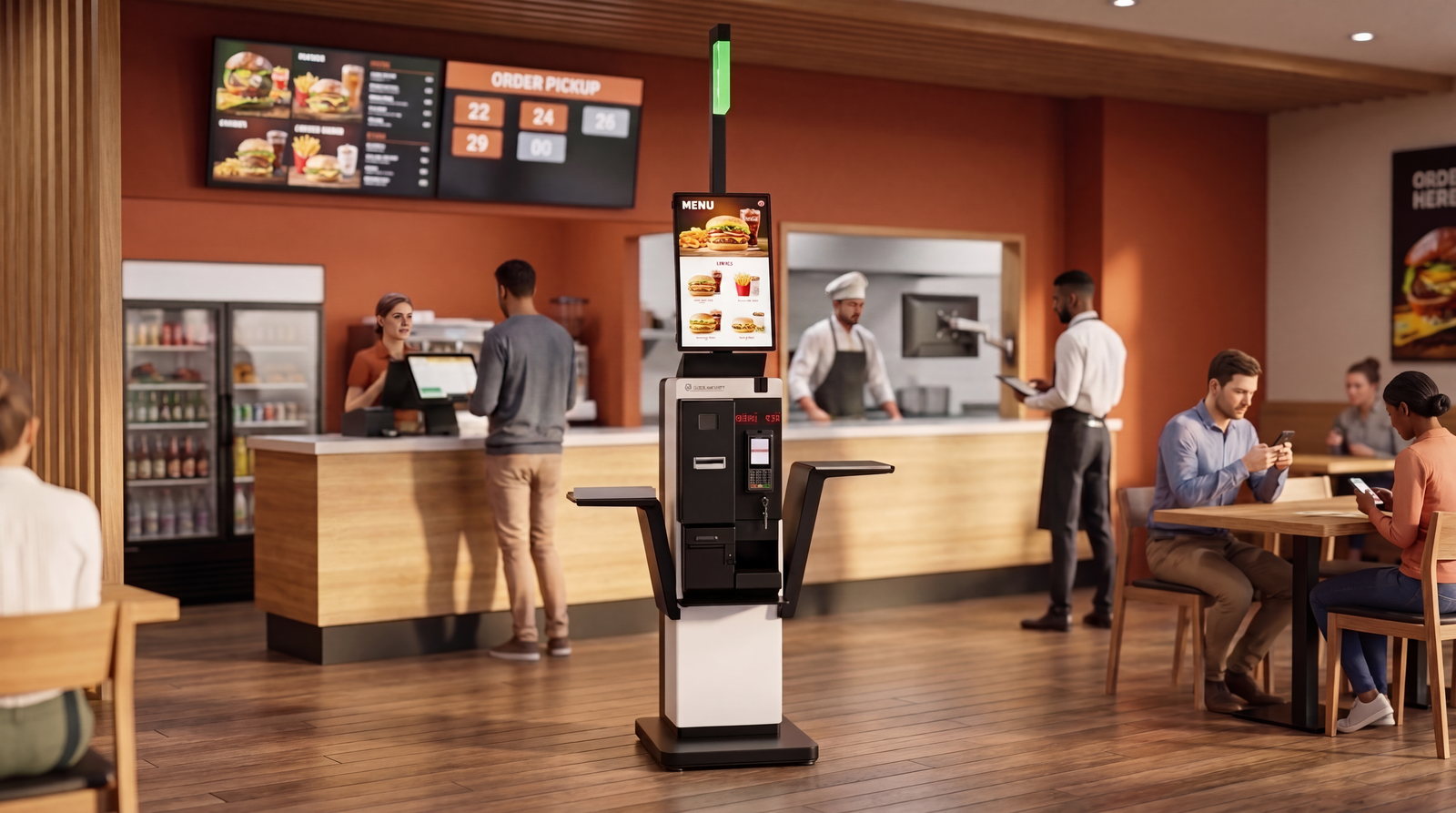 Kiosco de autocobro Quickpaymini instalado en un restaurante, con el mostrador y las pantallas del sistema al fondo